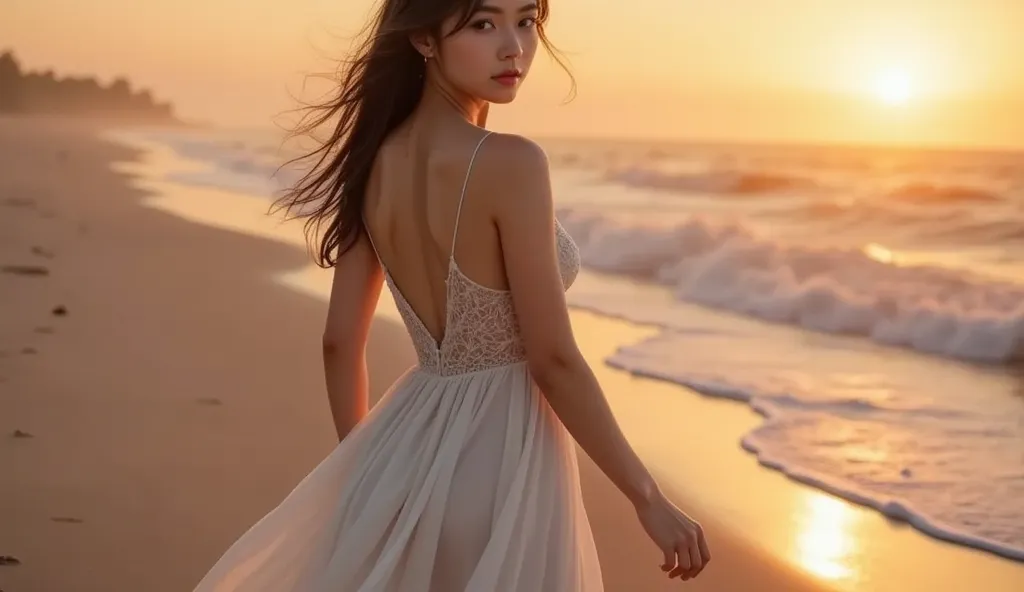 A legendary woman walking along a deserted beach at sunset, close-up portrait, wearing a flowing sexy white skirt. The sky is painted with warm orange and pink hues, and the waves gently crash on the shore. She leaves faint footprints in the sand as she di...