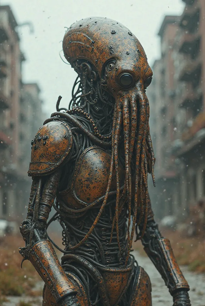  cinematographic photo mechanical cyborg  (squid), walking((( steampunk))), old and rusty armor , old metal, robot, (((full body visible))), wires, Realistic, repugnant, terrifying, Cables,  post-apocalyptic city background , looking at the viewer,  portra...