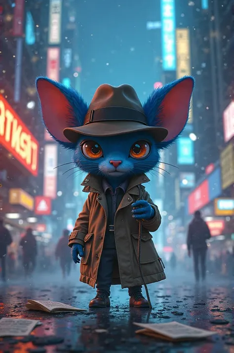 "An anthropomorphic blue character with big ears and expressive eyes, dressed as a detective noir, wearing a brown fedora hat and a beige overcoat. He is in a futuristic city illuminated by bright neon lights, surrounded by tall buildings . The environment...