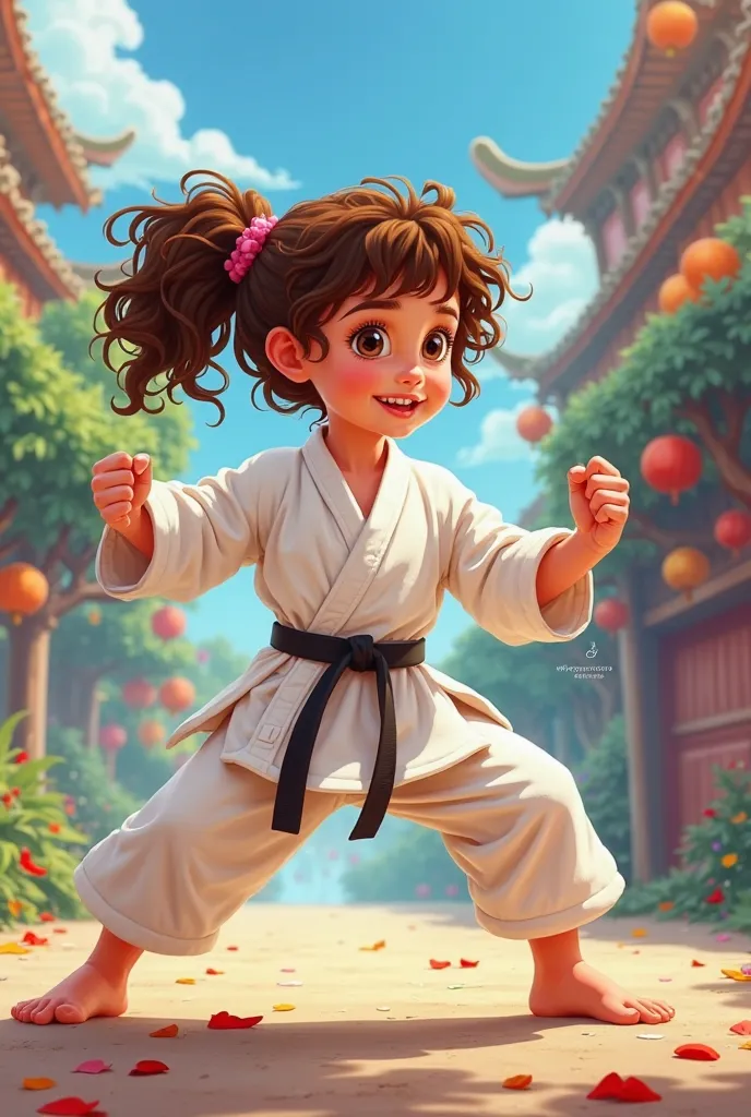 Disney animated style ,  with curly hair and two pigtails, white-skinned and brown-haired, dressed as a karateca and with a karateca pose.