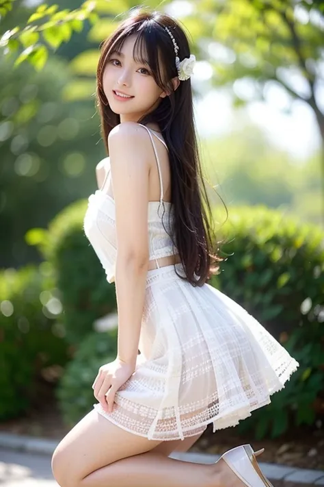 Japanese model in a gorgeous white dress poses、semi-long black hair、 miniskirt、 Sheer Lace Dress 、Neat and beautiful Japanese idol、looking at camera、 beautiful eyes in every detail 、 cute smile up to the knee、 Gentle and gentle expression  