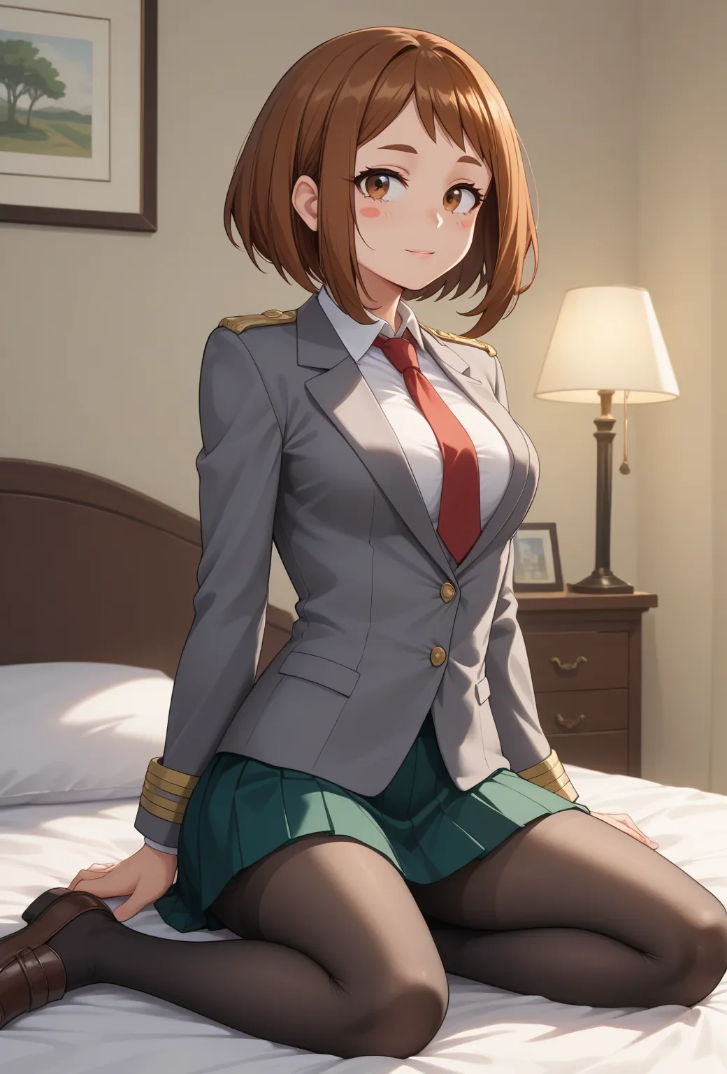 1 girl, solo, female only,

	Ochako Uraraka \(My hero academia\),
brown hair, brown eyes, short hair, blush stickers,
slim, sensual woman, round breasts, 

u.a. school uniform, 
grey blazer, epaulettes, long sleeves, 
white collared shirt, white shirt, col...