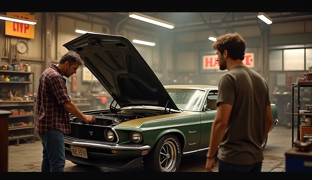 A bustling auto shop interior, with Carl under the hood of a vintage Mustang, his hands covered in grease. Tom stands nearby, watching in awe as the engine roars to life. The shop is filled with tools, car parts, and the warm glow of overhead lights, creat...