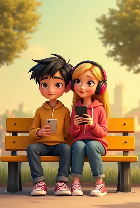 Pixar poster Young short black haired character without lenses sitting on a yellow bench on one side 
With a cell phone that plays music together with his long-blond haired girlfriend, he wears pink lenses and red lips and headphones. 