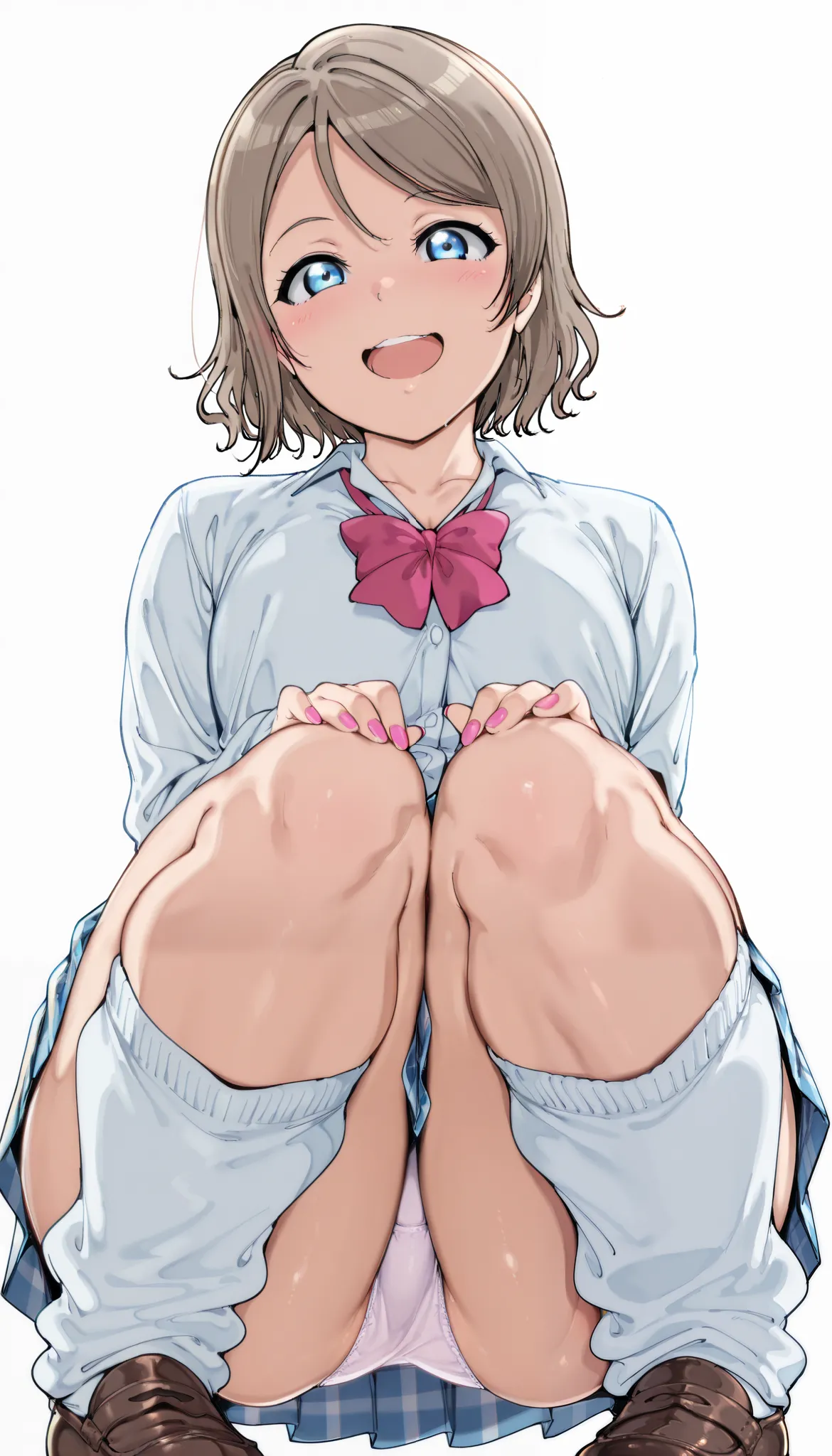 masterpiece,best quality,newest,1girl,solo,Alp,

you watanabe, 1girl, blue eyes, short hair, brown hairgyaru, shirt, plaid, bow, blush, white shirt, hair ornament, nail polish, plaid skirt, bowtie, pleated skirt, clevage, white sock, loose socks,loafer,

(...