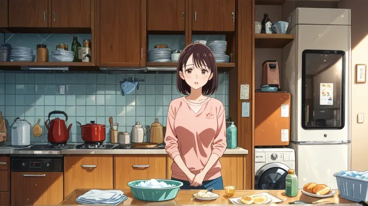  female in her 30s、Kitchen in an ordinary apartment、The scene of washing dishes、（anime）