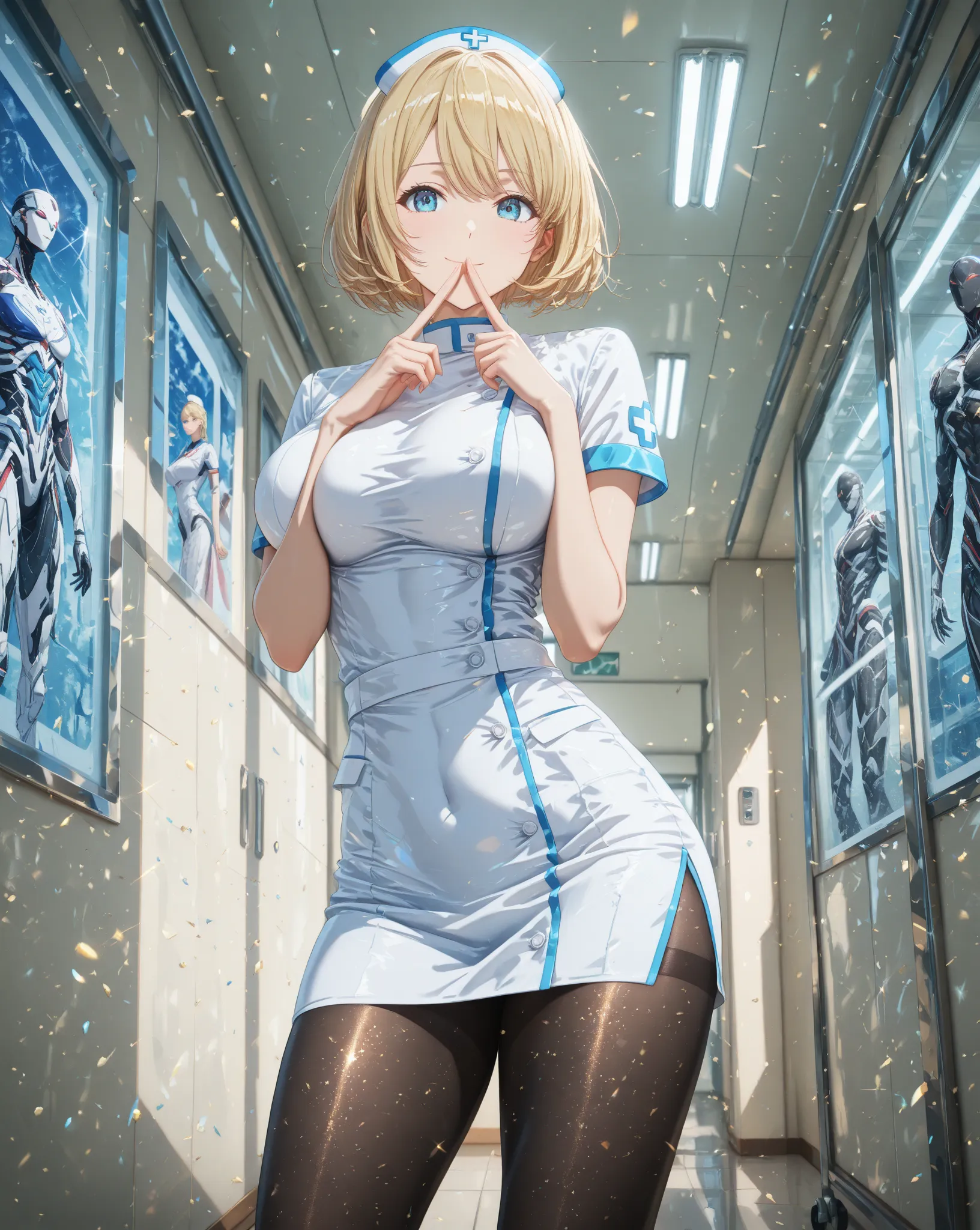 Anime style, super fine illustration, highly detailed, beautiful detailed, pale tone image, static representation, gentle expression, 8k, super slender fashion model, cute & handsome face, the pretty & perfect 1girl with blonde straight short hair & blue e...