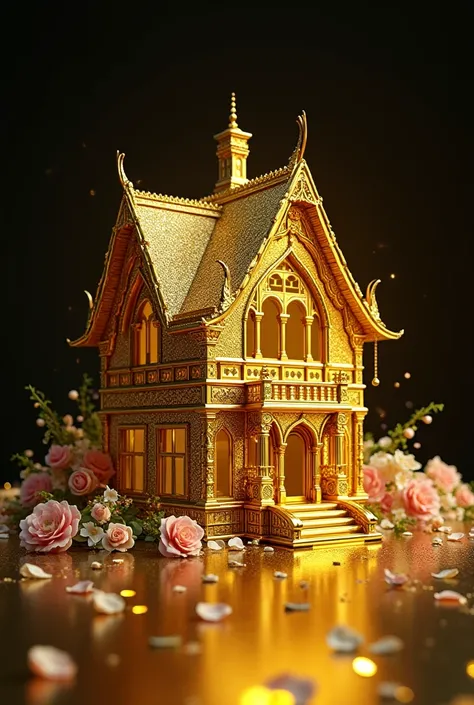 house made of gold with flowers going through window with black background
