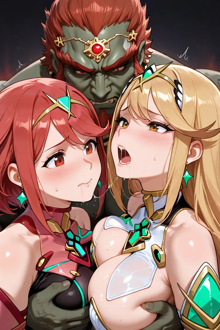 2 girls, mythra and pyra,1 male, ganondorf, ganondorf groping both mythra and pyra, worried expression, horny, saliva, boob squeeze