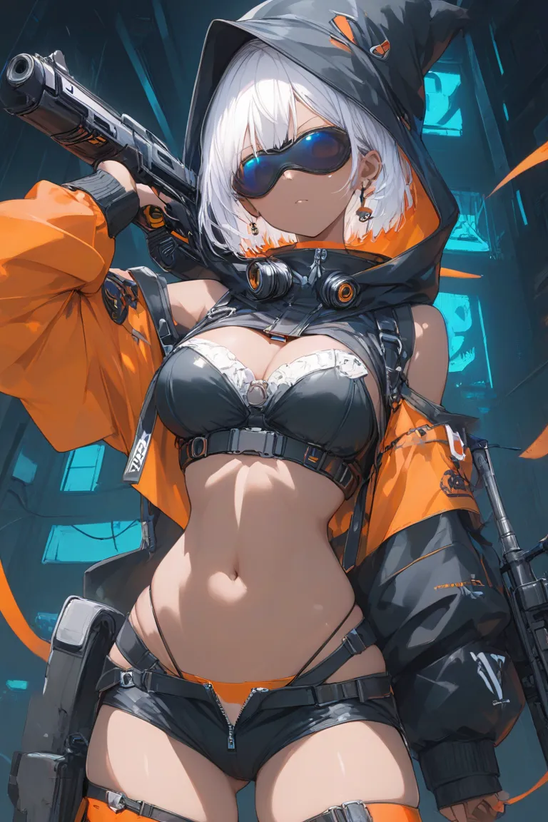 an anime character with guns on her chest posing for a photo in orange and white colored attire, 1girl, weapon, solo, gun, holding, holding weapon, navel, dark skin, holding gun, goggles, white hair, short hair, jewelry, earrings, shoulder cutout, dark-ski...