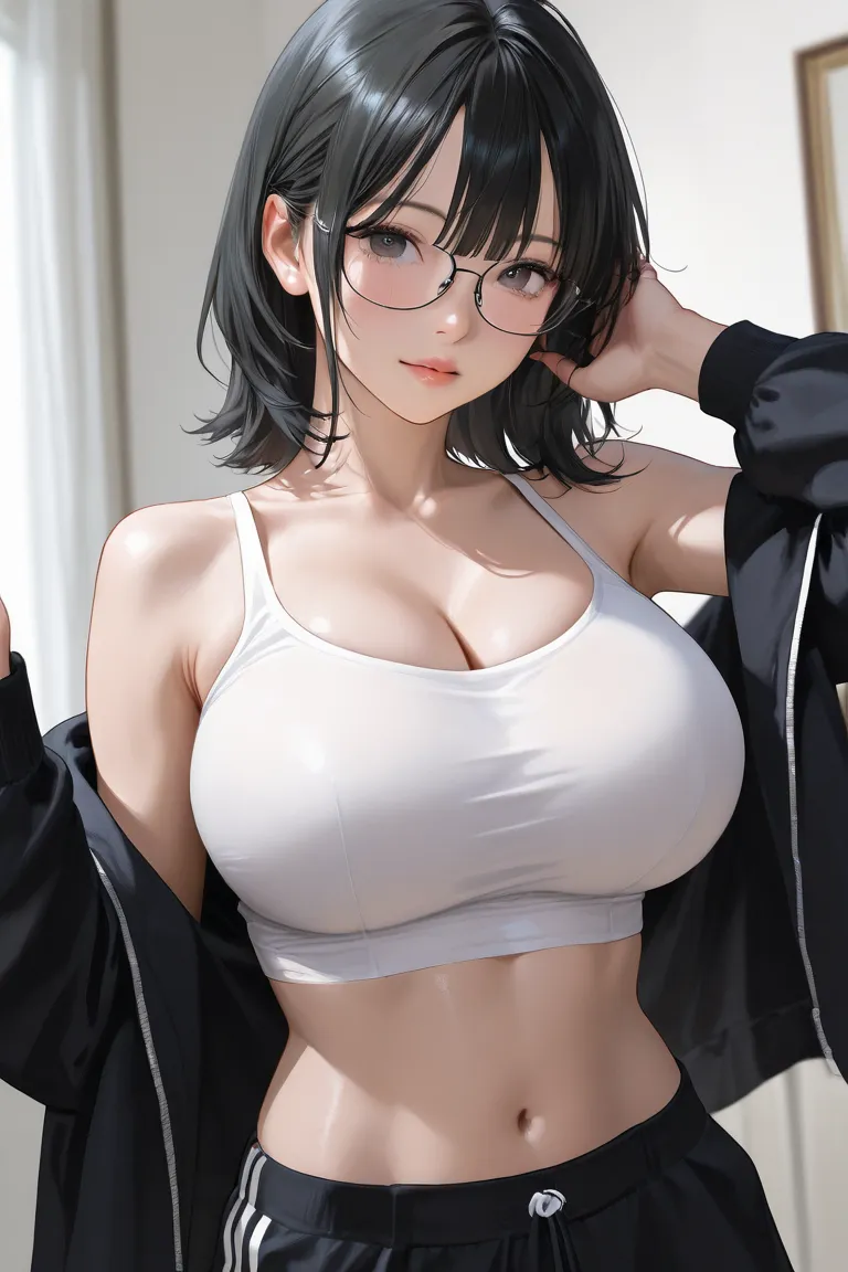 Glasses、Plain、Big Breasts、 black hair、 extremely realistic 、top quality、very detailed、Black、waist shot