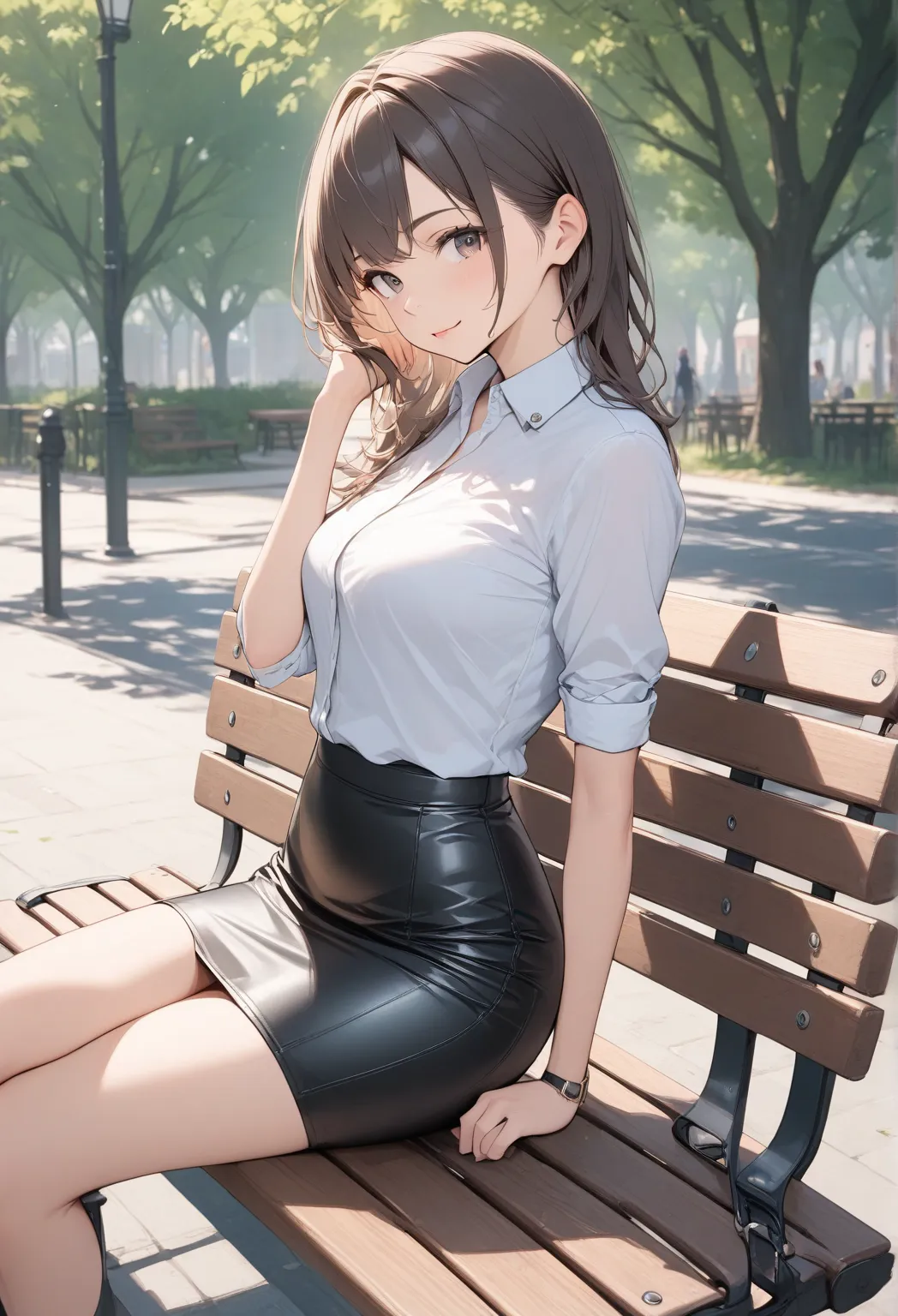 Girl wearing leather pencil skirt, sitting on the bench, outside