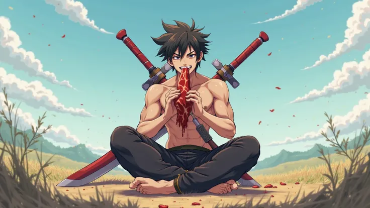  Anime Boy, black short hair. 30 years old.  is wearing black pants , undershirt, a little pumped up . He has an incredible epic firesword behind him. He sits on the ground in a clearing on a clear day, cross-legged. He eagerly eats a piece of raw meat. At...