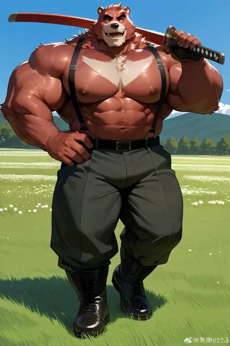 solo, 1boy, muscular, kumatetsu:1.3, red bear, very huge pectoral, pants, suspender, holding sword in shoulder, detailed face, blue sky, meadow,smile, detailed eyes, wide shoulder, thick arms, wide pectoral, muscle, short hair:1.2, detailed eyes, focus eye...