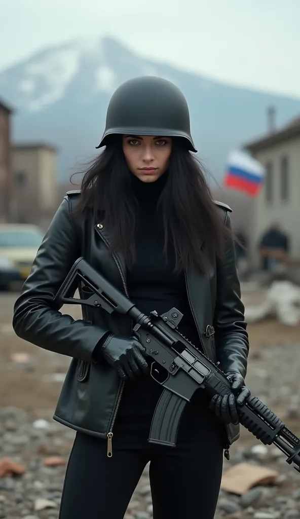 Armenian young woman doctor war with black long hair menacingly looks on head black military helmet kator protects head from bullet in black military leather jacket in black trousers in black leather gloves in hands black machine gun M-14 in black patent l...