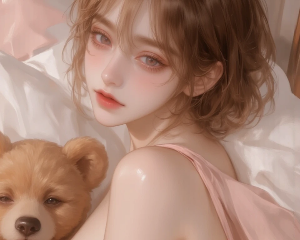 1 girl, Light Brown Hair Curly to the Waist, brown eyes,  brown eyebrows , Sweet cosmetics, beautiful, Light Pink Drawstring Dress, Orange light brown hair, beautifulอ่อนหวานซ่อนความเซ็กซี่
,  Bedroom Backdrop, She hugs a teddy bear,high resolution, Master...