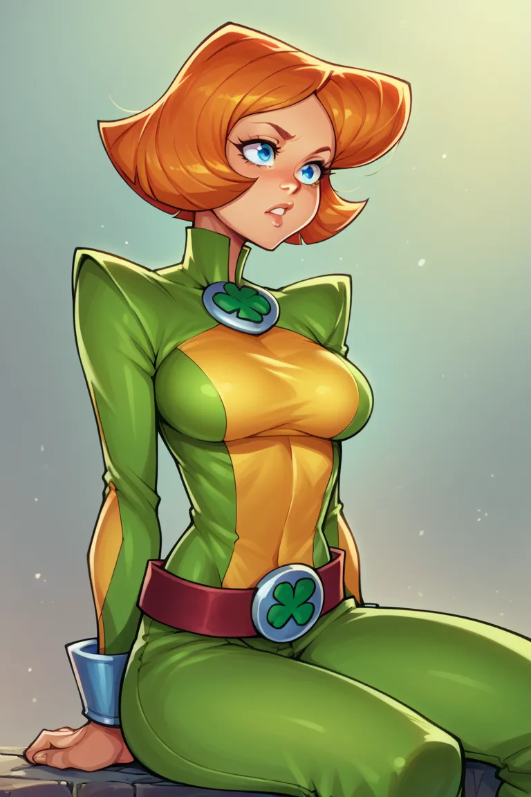 score_9, score_8_arriba, score_7_arriba, BREAK,  1 girl, Alone ,  breasts, clover \(totally spies\), blond hair, short hair, blue eyes, ,  red,  belt, Sitting,