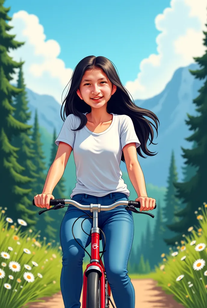 Thai woman in her 30s wearing black hair, white t-shirt and jeans. Riding a bicycle, she smiles happily, high resolution mountain trees background.ตัวการ์ตูน