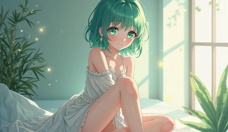 green hair、 blue eyes、a good-looking girl、alone、Japanese cartoon、white mini lace skirt、crystal earrings、 Perfect eyes 、reveals legs