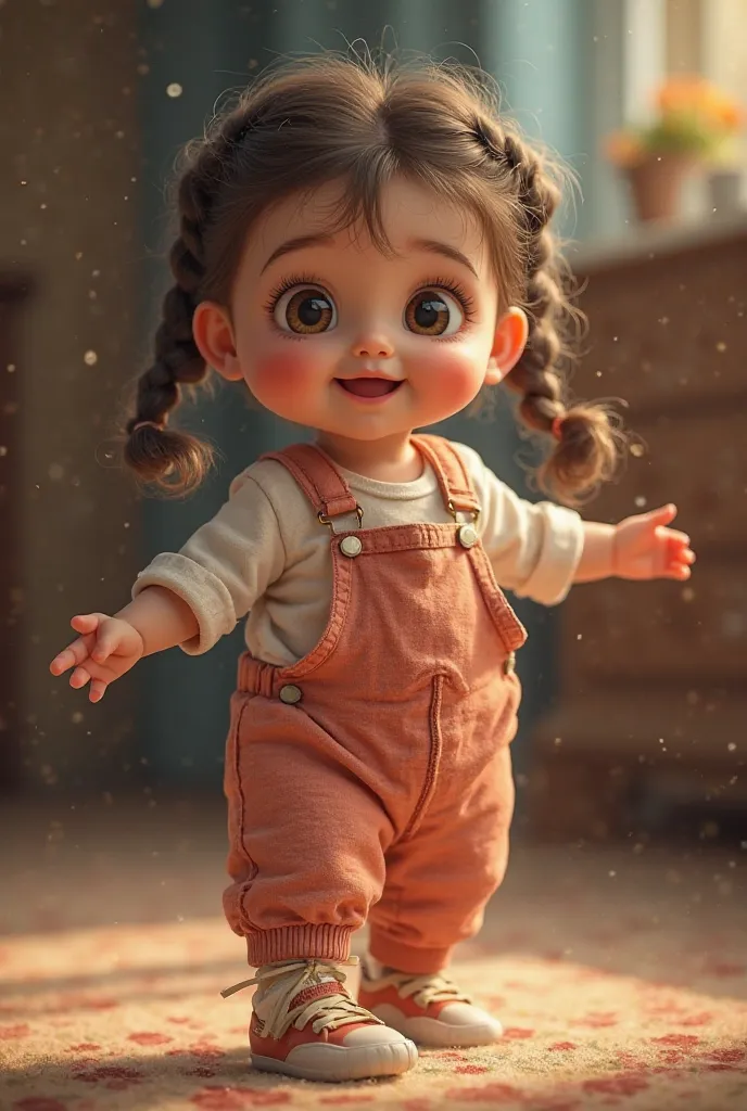 a realistic and detailed image of an extremely cute baby dancing, She has beautiful braids in her hair and very cute clothes, the atmosphere is cozy and full of detailed realism, The baby has bright and cute eyes, rosy cheeks and a curious and friendly exp...