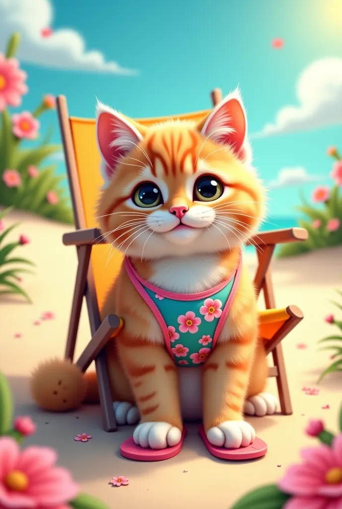 fluffy cat sits on a summer chair in the sand,wears a swimsuit with flowers and has flip flops on,background spring,flowers,sun