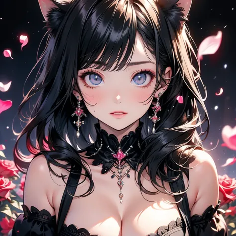 （（masterpiece）），（top quality））），is very detailed， Attractive Sexy Woman Sweating ，（very delicate beautiful face），（beautiful eyes in every detail）， breasts covered with rose petals，（'s plump chest，white/Black Hair）， Focus on the face ， focuses on breasts ， ...