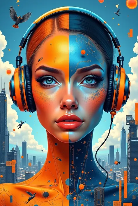 A futuristic portrait of a woman with a metallic, geometric face, blending vibrant orange and blue hues. She wears sleek, high-tech headphones, and her piercing eyes gaze forward with intensity. The background is an intricate collage of a futuristic citysc...