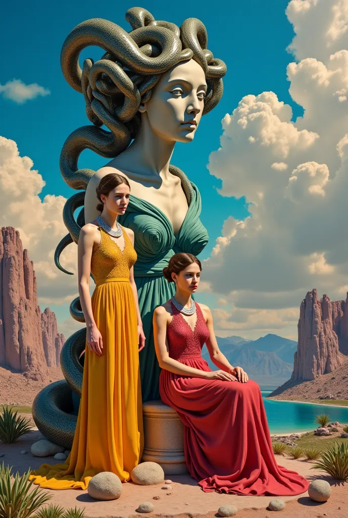 A highly detailed surreal oil painting featuring two realistically painted figures—one standing elegantly, the other seated gracefully—each exuding an air of quiet mystery. They wear long, beautifully tailored dresses with intricate oversized lace collars,...