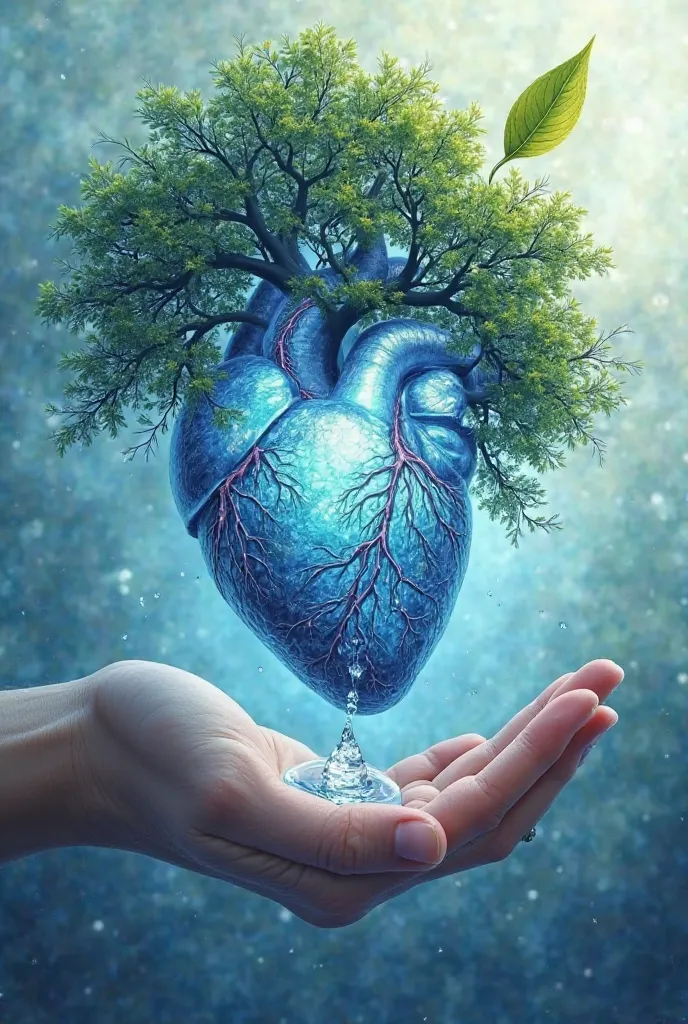 Make a picture about the health of a body with a heart in it, use blue and white colors in the photo and a tree with roots shaped like a heart, a hand holding a drop of water, a green leaf. 