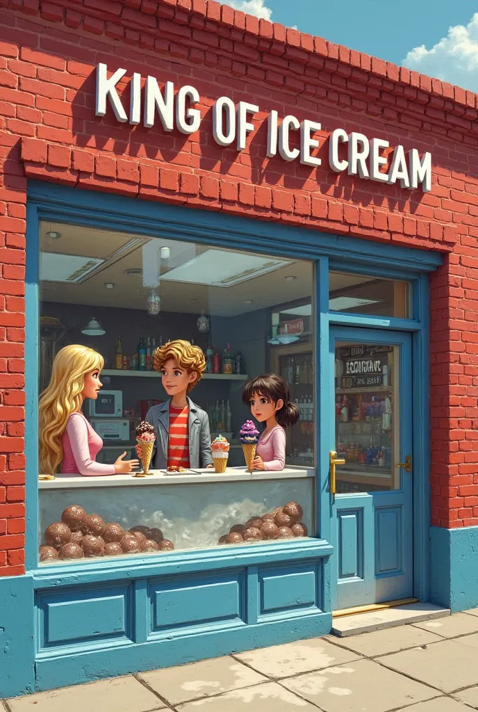 create a realistic image of an ice cream shop from the 80s. The image is a view from the outside showing the ice cream parlor through a large red brick window and a glass door. In the window there are three people. A girl with long wavy blond hair. A tall ...