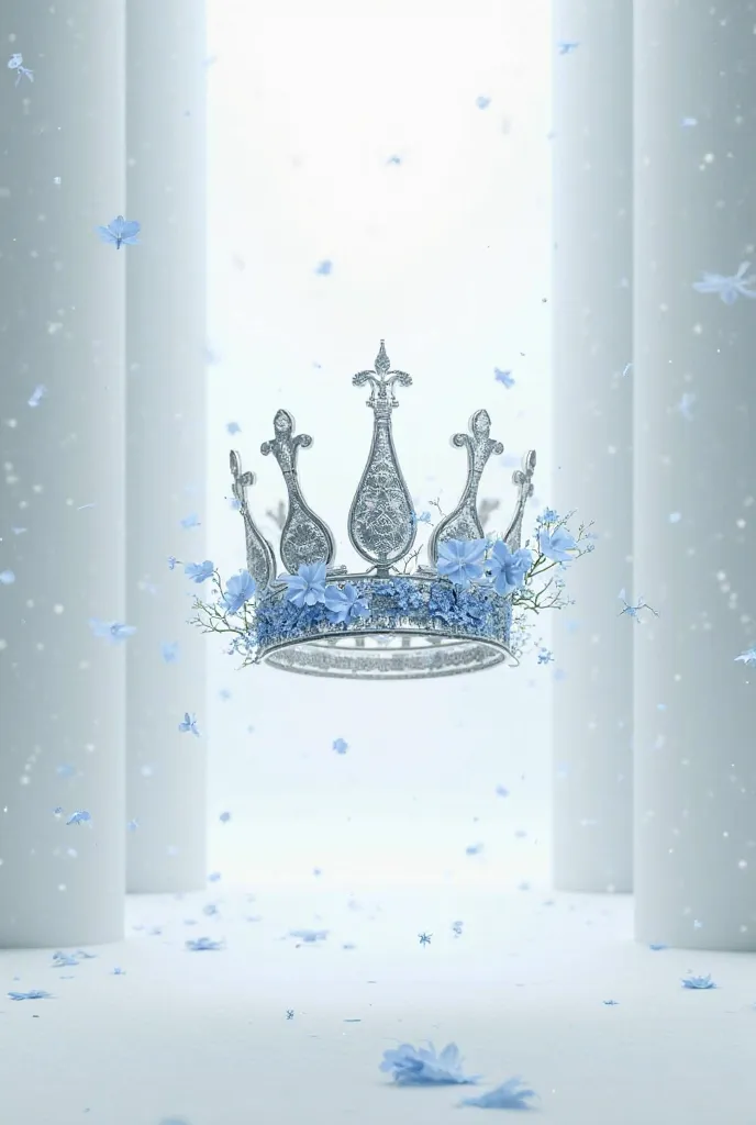 Create a falling silver crown with blue flowers attached to the crown. The background is all white