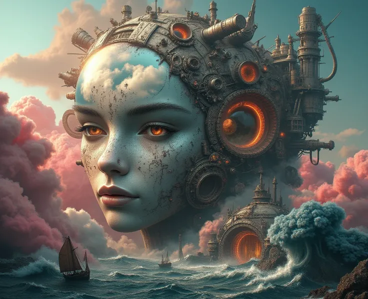 Create a surreal landscape featuring a colossal, mechanical eye at the center, surrounded by a chaotic assembly of gears, pipes, and industrial elements. The eye reflects stormy clouds and hints of fire, symbolizing a watchful presence over a turbulent sea...