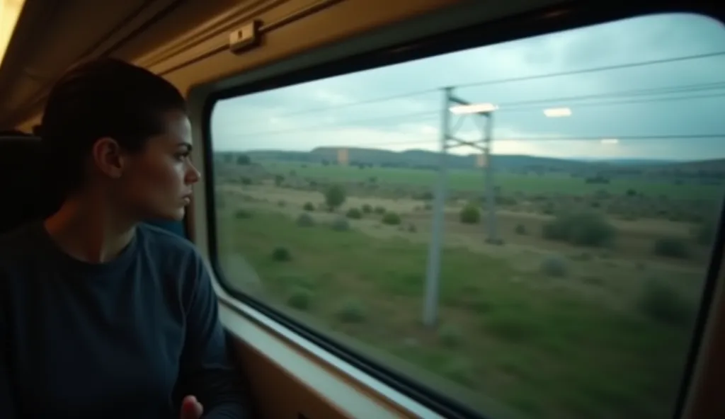 Point-of-view shot from inside a train carriage, as seen through the eyes of a passenger. The person is looking out of the window, observing the passing scenery. The window glass reflects faint details of the interior, adding depth to the composition. Outs...