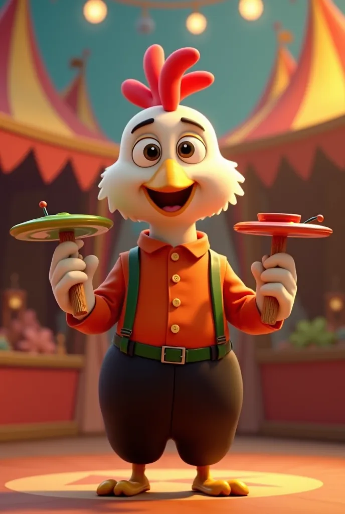 Lottie Dottie Chicken style animation. A male juggler, wearing black pants with green suspenders and orange shirt, It is at the center of the stage of a beautiful, very colorful circus, he's holding wooden sticks in his hands and balancing colorful plates ...