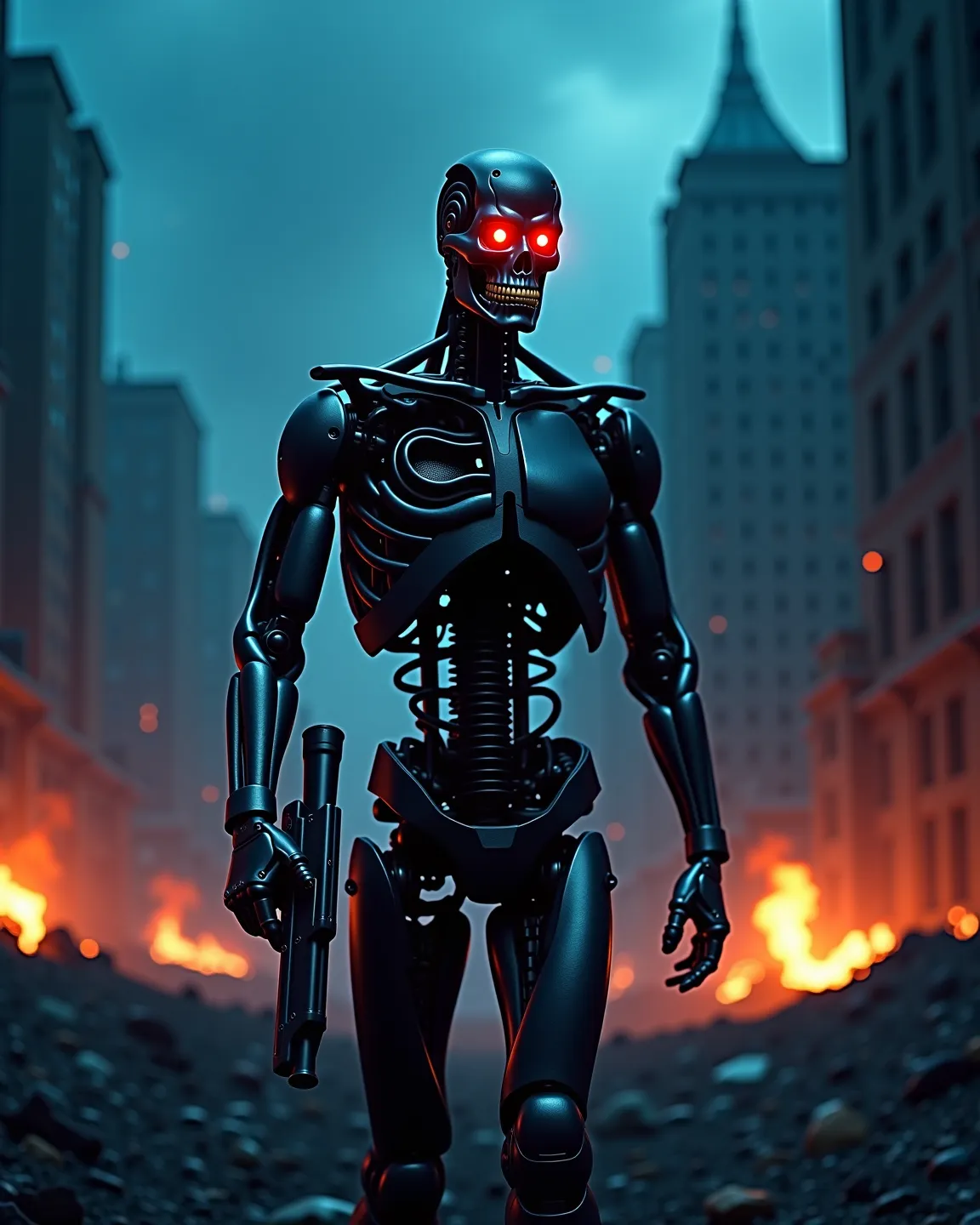 Create a half-human, half-mechanical T-800 Terminator image, with the other half human, revealing a metal skull frame and glowing red eyes. The backdrop is a city destroyed at night, with flames burning and smoke rising, light from the flames reflected on ...