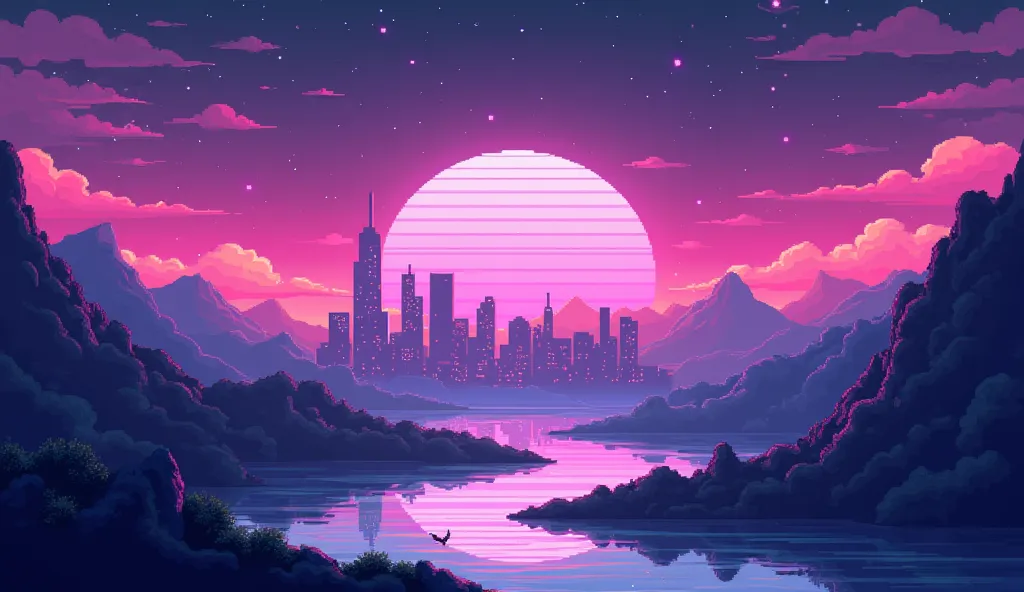 A pixel art style synthwave landscape featuring a glowing neon sky filled with stars and a soft gradient of purples, pinks, and blues. The horizon showcases a pixelated city skyline with glowing lights. A pixelated mountain range stands in the background, ...