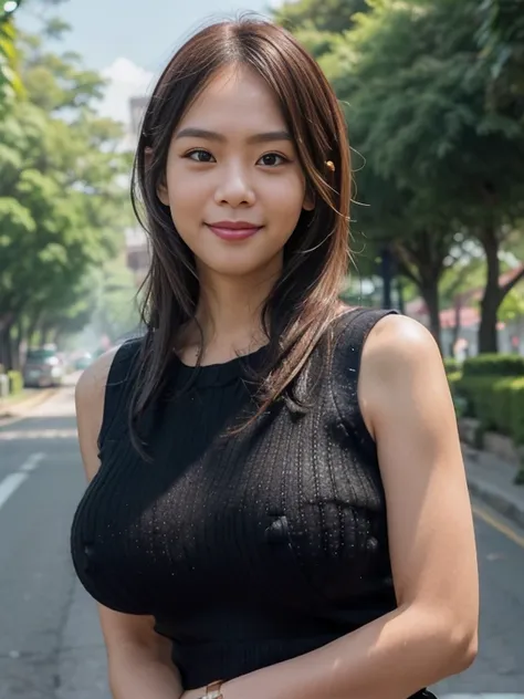 (Indonesian woman),(sleeveless knit:1.3),(carl outward hair),(Best Quality,8k,Photorealistic:1.5),(long Shot:1.8) ,(huge breasts:1.5),(slim waist:1.3),(smile),(Rounded chin),(background of street:1.5),