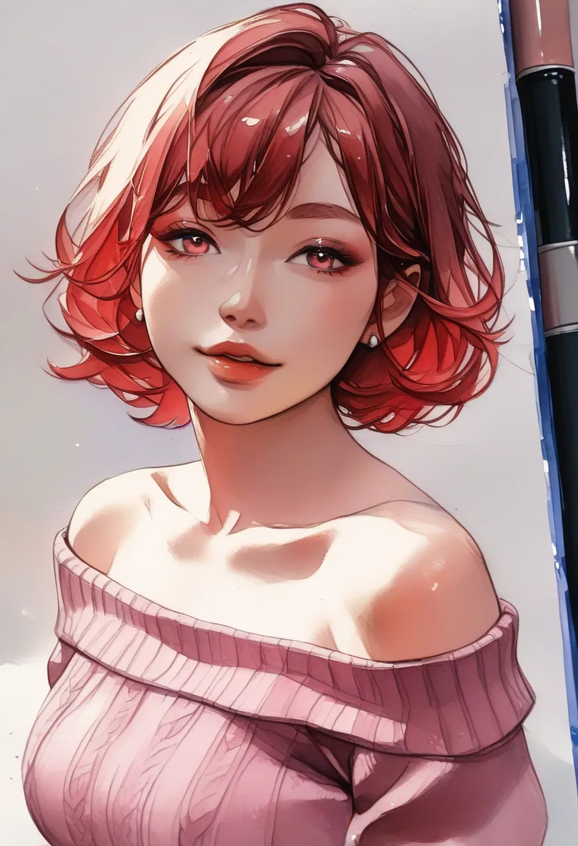 white black、 no background、masterpiece、high image quality、woman、Alone、upper body、 chubby lips 、red hair、short hair、long lashes、Prominent eyes、 watercolor、bust up、looking at camera、glitter eyes、Pink Inner Color、sweater、(Transparent watercolor:1.2)、