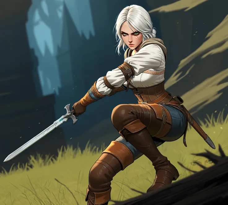 Ciri, The Witcher 3,  expressive bright green eyes, cute, scar over  one eye, mascara, white blonde hair, holding a silver sword, determined expression, dynamic pose, dark fantasy, Witcher, detailed face
