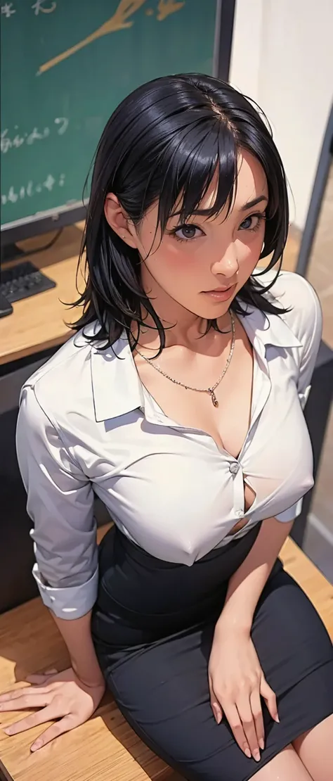  One girl ,  look,  office lady with straight black hair、 Pencil Skirt 、necklace、 small tits、blurred background, anatomically correct, 