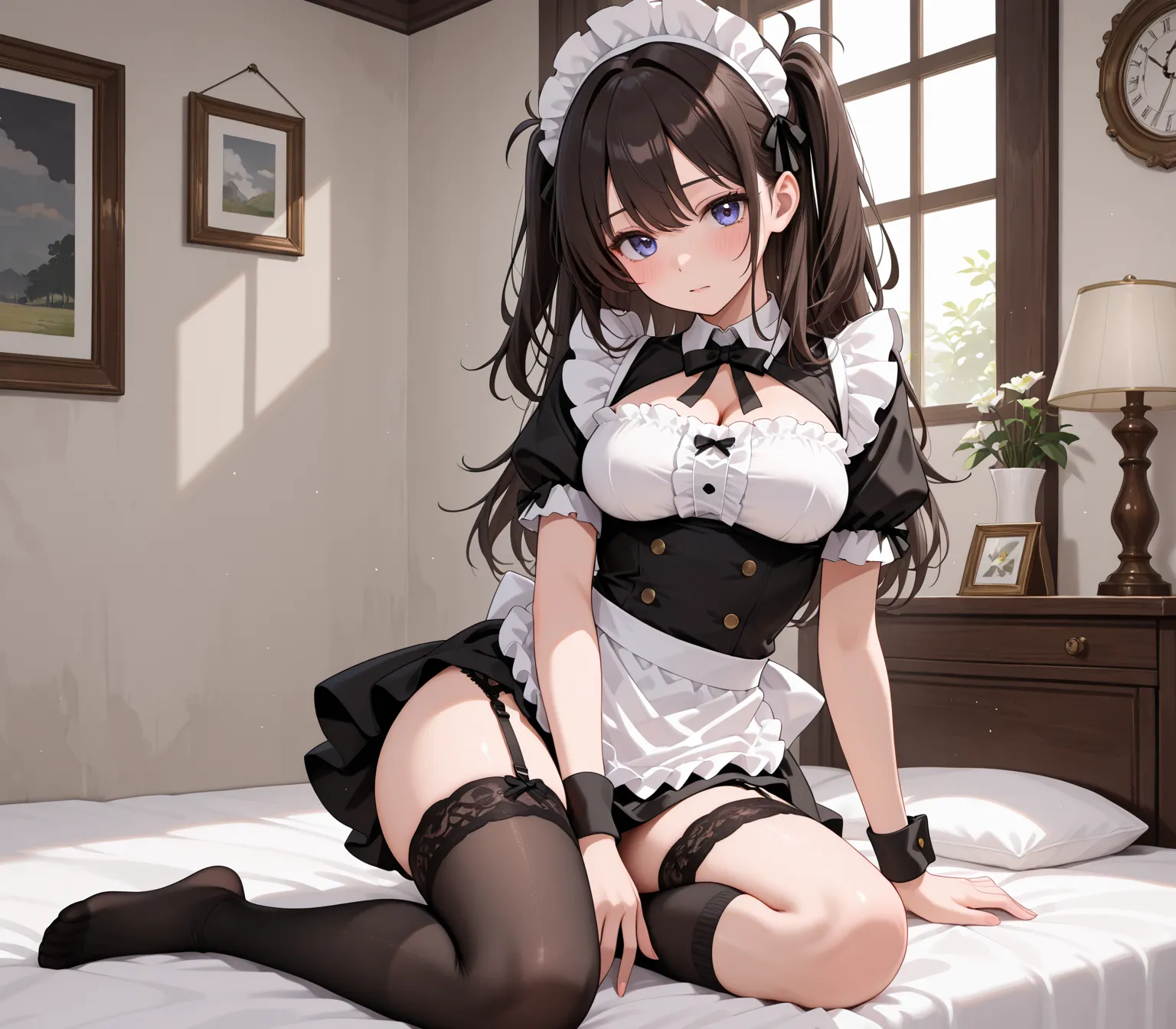 Beautiful Girl,Cute maid clothes with lots of frills,black knee socks,black garter belt