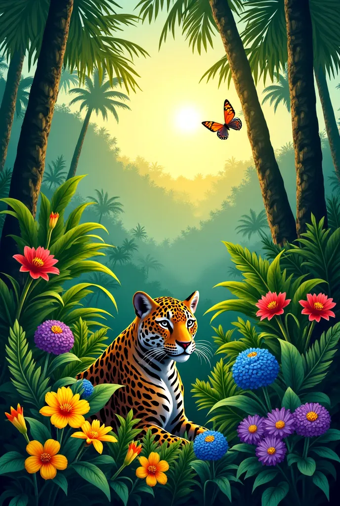 A vibrant jungle scene depicting lush green foliage and a variety of colorful flowers, including yellow, blue, and red blooms. In the foreground, a jaguar sits among the vegetation, partially hidden, with a serene expression. The background features tall t...