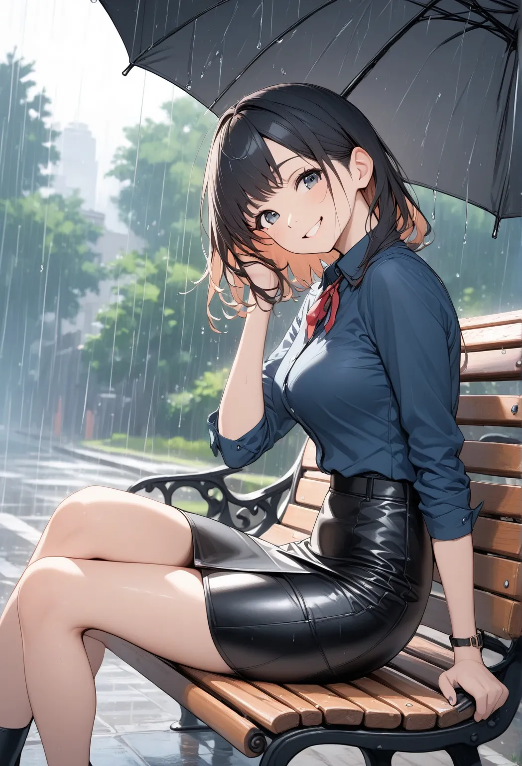 Girl wearing leather pencil skirt, sitting on the bench, outside, smile, raining