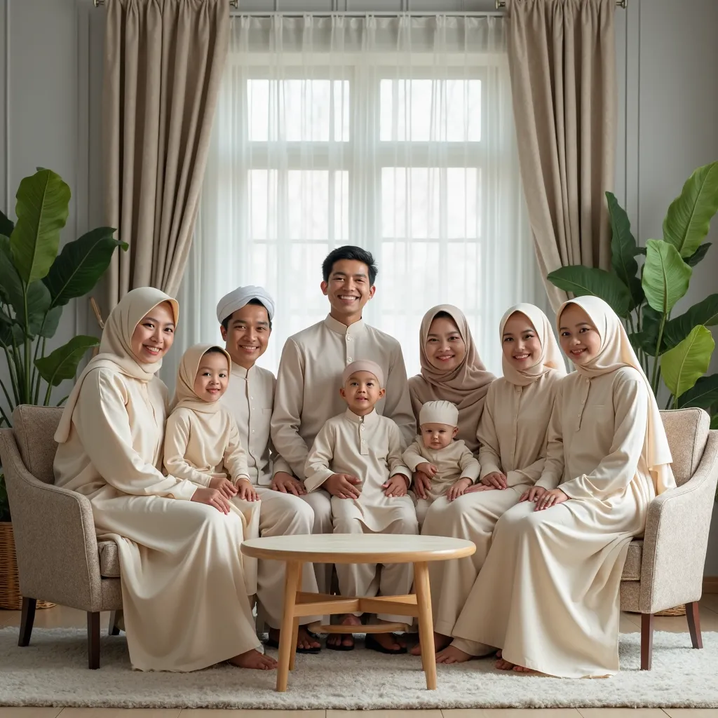 A stunning high-resolution family portrait of an Indonesian family of eight members, dressed in elegant cream Muslim attire and Sharia long dresses. The women gracefully wear hijabs, adding a touch of modesty and sophistication to the ensemble. The family ...