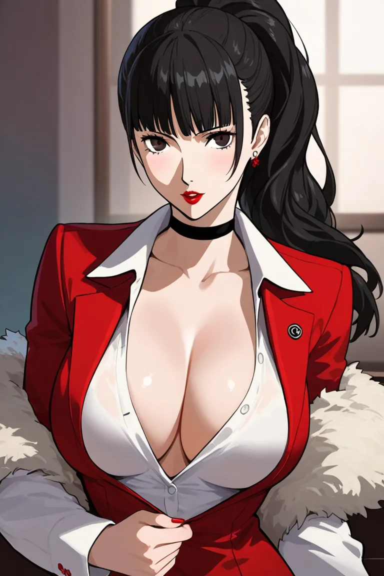 Persona 5 art style, large breasts, red lipstick, large black ponytail, Yakuza dress