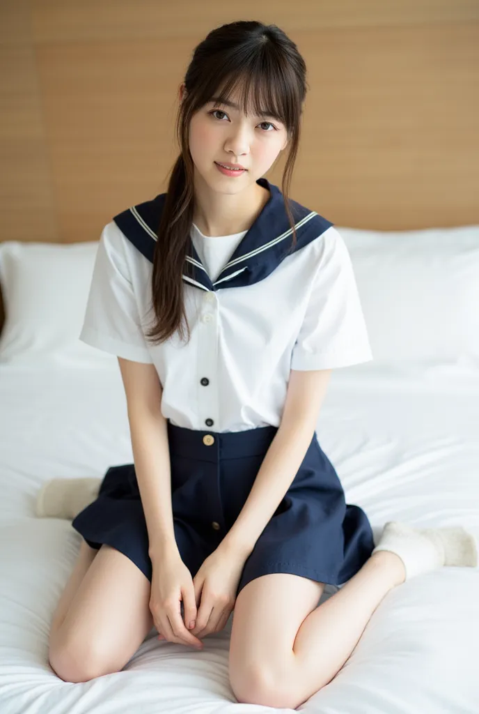 Masterpiece, Best quality:1.4), (Ultra realistic, Photo-realistic:1.3), (Wearing Sailor suit, White short sleeve:1.2), (Dark navy skirt:1.2), (Wearing white sock), (small breasts), Natural light, 20 years old actor, Japanese woman, Neat and clean, ponytail...