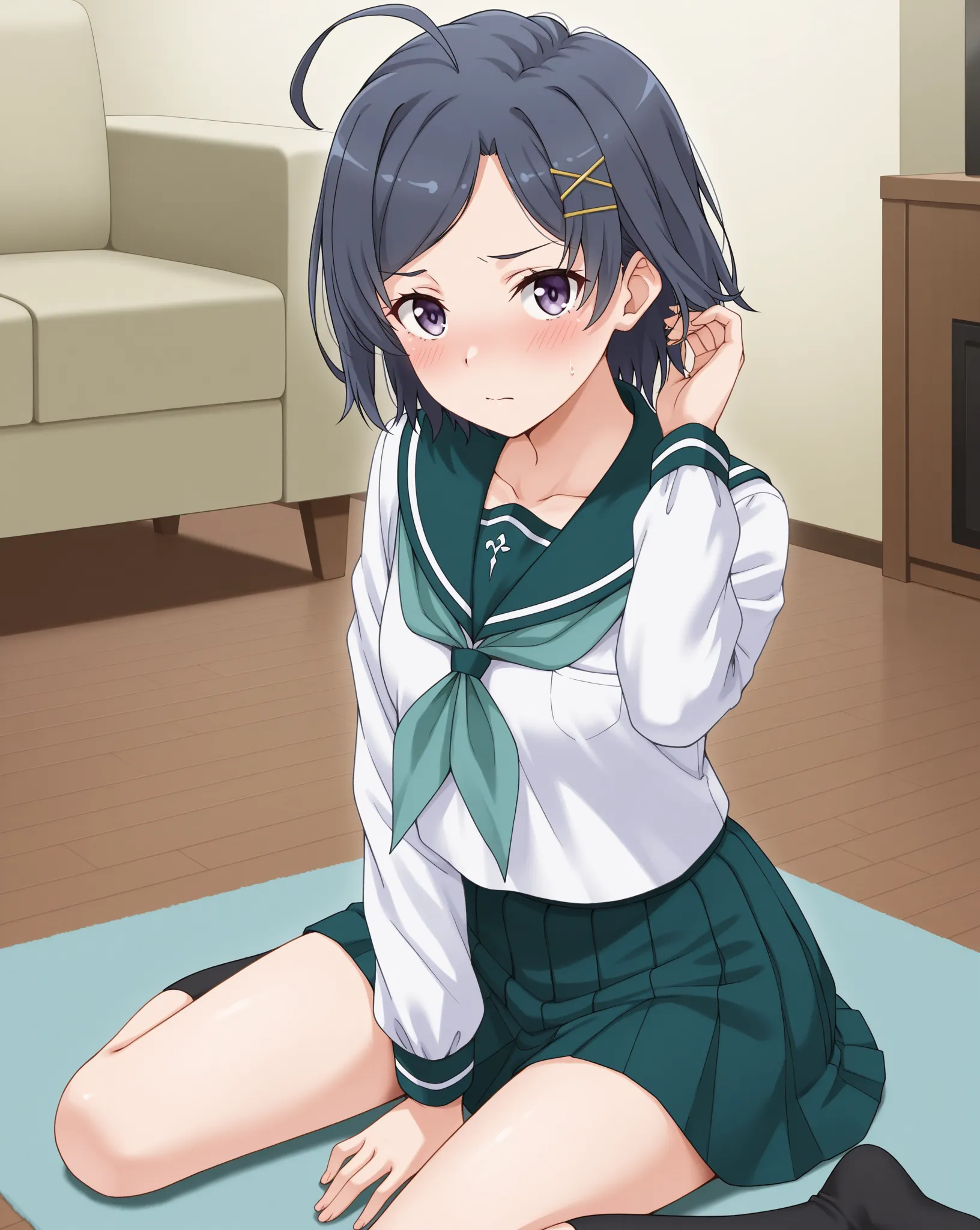 masterpiece, best quality, newest, small breasts, blush, komachi hikigaya,black hair,short hair,ahoge,purple eyes,hairclip,ahoge,petite, serafuku,green sailor collar,green neckerchief,green skirt,long_sleeves, sitting, wariza, 1girl, solo, close to viewer,...