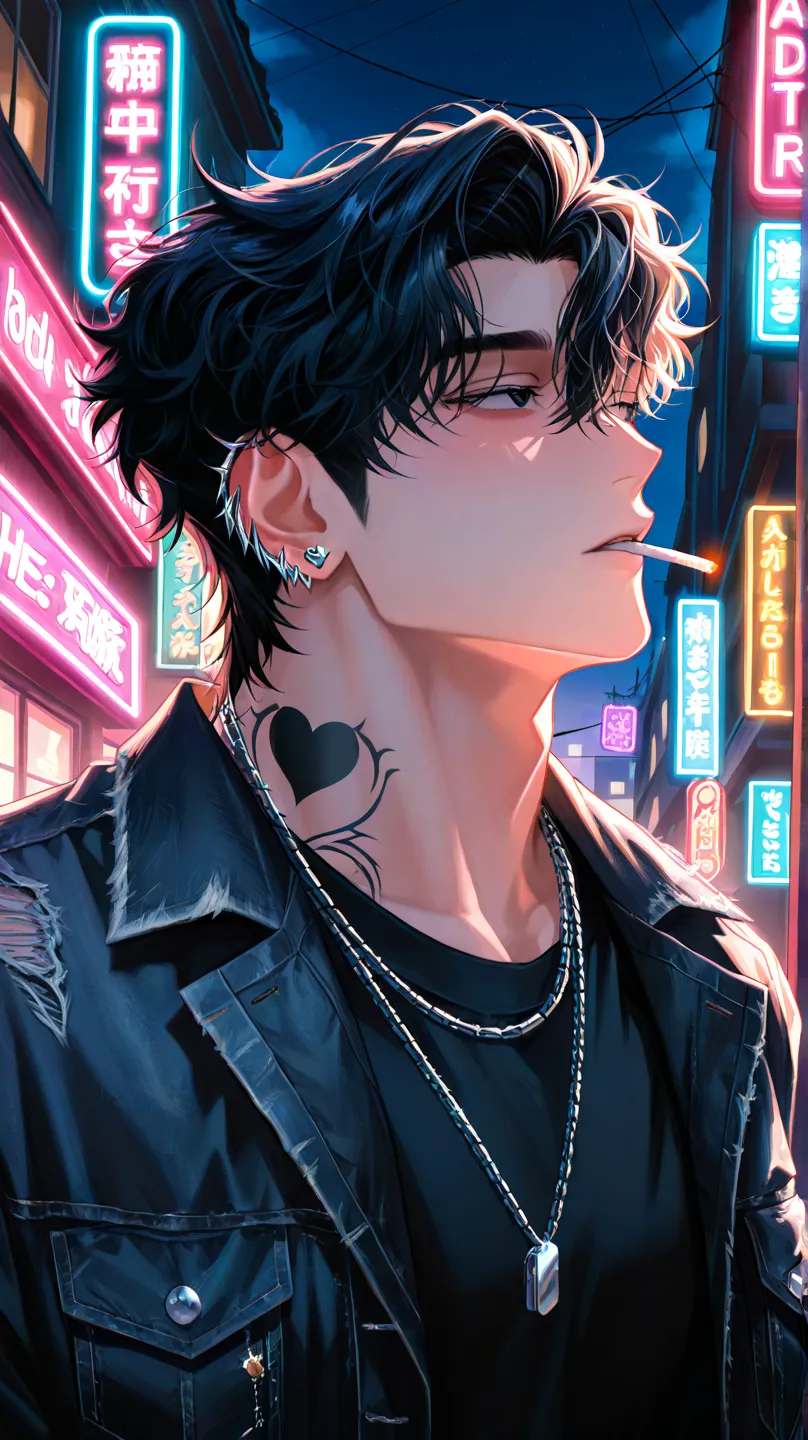 male,black hair,black eye,loosely wavy hair,hair dyed blue at the ends,handsome,lots of silver pierced ears,back alley,illuminated by neon lights,heart-shaped tattoo on neck,many silver necklaces,he wears a silver ring,night,mature men,add a cigarette to y...