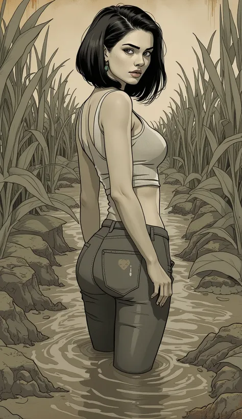  Masterpiece , vintage line graphics, stuck in a mud swamp,  mature diva hooker ,  cropped top, jeans , bob square,  turns around, orgasm