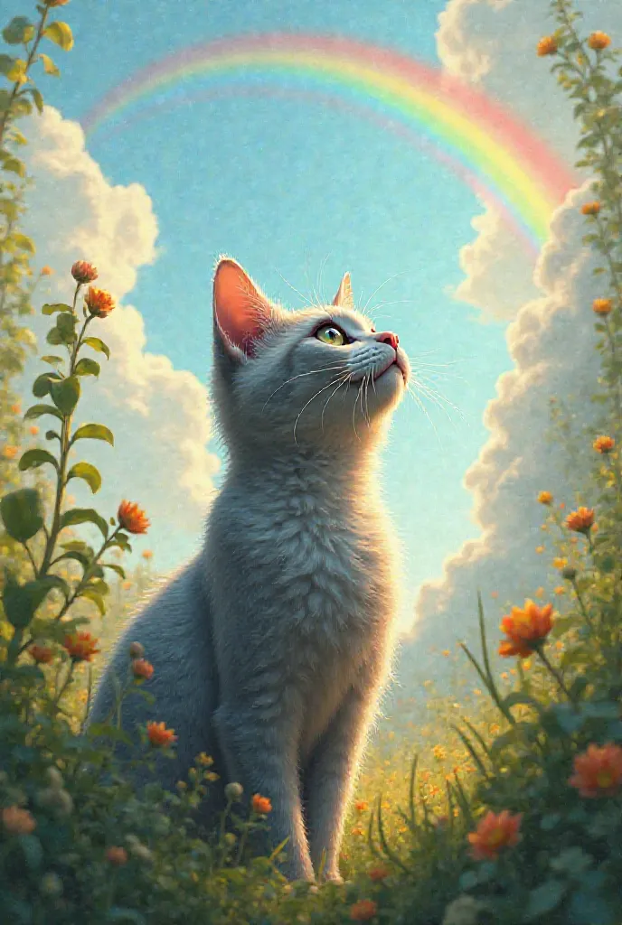 I want you to make me a realistic drawing of a gray cat in search of a rainbow 